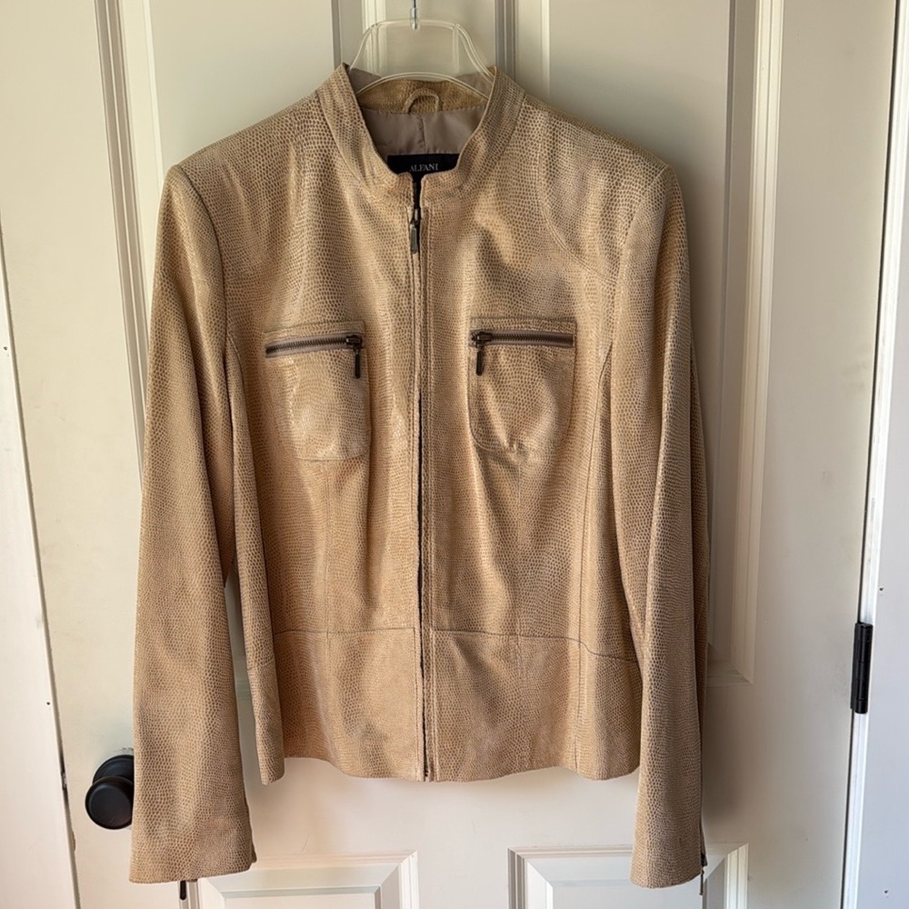 Alfani Tan Leather Moto Jacket with Zipper Details